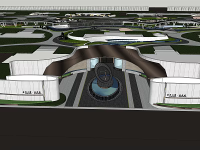 Modern Architectural Entrance Gate Design With Circular Water Feature And Landscaped Walkways 3d model
