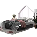 Double Bed House Shaped Headboard Gray Pink Bedding Side Table Lamp Potted Plant Rug Toys