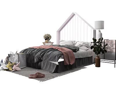 Double Bed House Shaped Headboard Gray Pink Bedding Side Table Lamp Potted Plant Rug Toys 3d model
