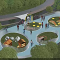 Outdoor Family Fun Playground With Slides Soccer Balls Green Trees And People Playing