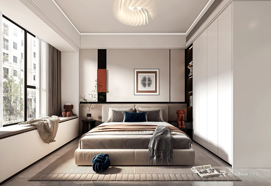 Modern Bedroom Interior With King Size Bed Framed Artwork Window Curtains And Built In Wardrobe 3d model 