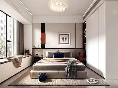 Modern Bedroom Interior With King Size Bed Framed Artwork Window Curtains And Built In Wardrobe 3d model