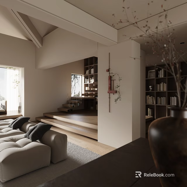 Modern Minimalist Loft Living Room With Sofa Natural Light And Bookshelves 3d model 