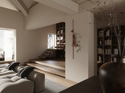 Modern Minimalist Loft Living Room With Sofa Natural Light And Bookshelves 3d model