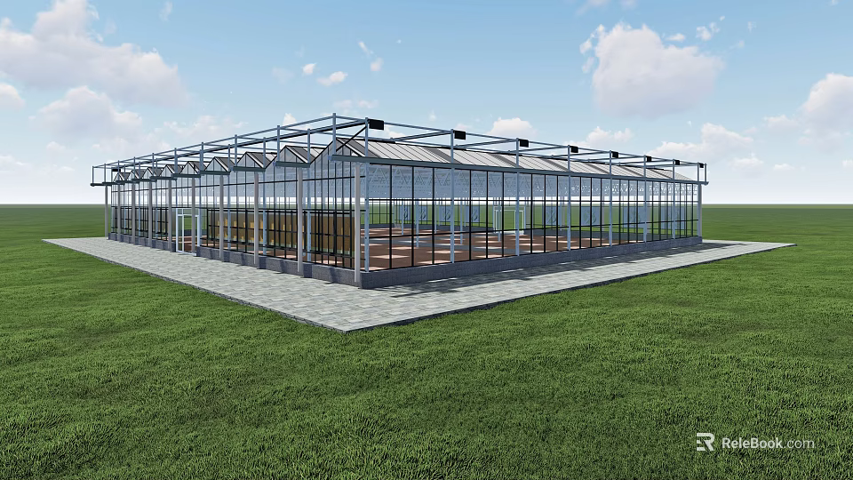 Large Modern Glass Greenhouse Structure With Transparent Panels And Grass Surroundings 3d model 