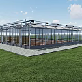 Large Modern Glass Greenhouse Structure With Transparent Panels And Grass Surroundings