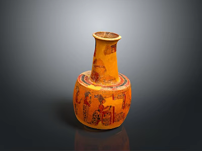Yellow Carved Vase With Intricate Red Patterns And Decorative Sculpture Design 3d model