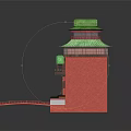 Cartoon Scene of Vibrant Red Building With Green Roof Balconies and Small Bridge