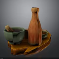 Traditional Kitchen Utensils On Wooden Tray With Mortar Pestle Orange Bottle And Small Green Bowls
