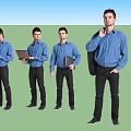 Men In Blue Shirts Black Pants With Different Poses Holding Laptop Carrying Folder And Guitar 3d model