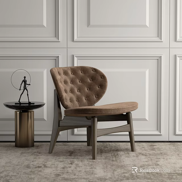 Tufted Brown Accent Chair With Wooden Legs Against White Paneled Wall Side Table Sculpture 3d model 