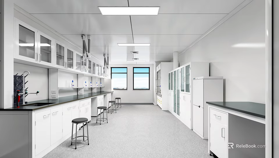 Modern Laboratory Interior With White Cabinets Lab Benches Stools Windows And Refrigerator 3d model