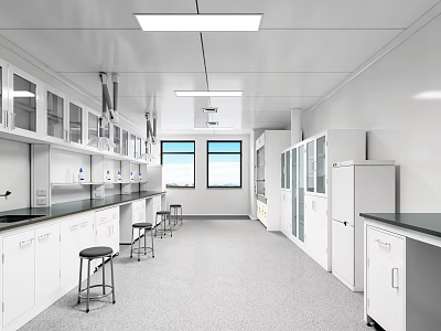 Modern Laboratory Interior With White Cabinets Lab Benches Stools Windows And Refrigerator 3d model