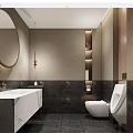 Elegant Hotel Bathroom Interior With Round Mirror Marble Sink Countertop Toilet Urinal And Dark Walls