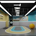 School Indoor Fitness Room Featuring Hanging Rings Yellow Exercise Ball And Colorful Floor Area