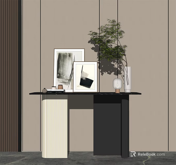 Modern Console Table Design With Green Plant Framed Art And Decorative Vase 3d model 