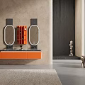 Elegant Modern Bathroom Cabinet With Orange Double Mirrors And Open Shelves