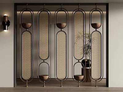 Modern Elegant Room Divider With Metal Frame Woven Panels Circular Accents And Green Plant 3d model