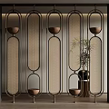 Modern Elegant Room Divider With Metal Frame Woven Panels Circular Accents And Green Plant