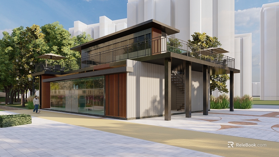 Modern Two Story Building With Glass Walls Wooden Accents And Terrace 3d model 