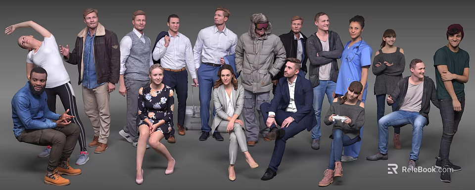 Group of Diverse People Standing and Sitting in Various Poses With Different Outfits 3d model 