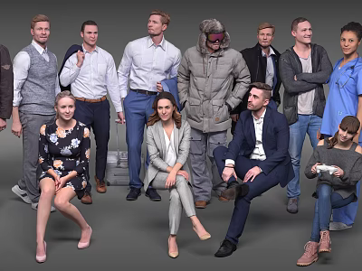 Group of Diverse People Standing and Sitting in Various Poses With Different Outfits 3d model
