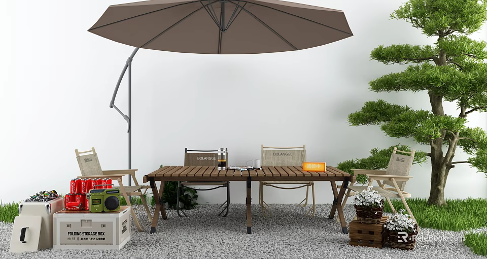 Wooden Outdoor Table With Umbrella Chairs Decorative Plants And Patio Setting 3d model 