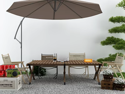 Wooden Outdoor Table With Umbrella Chairs Decorative Plants And Patio Setting 3d model