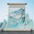 Traditional Chinese Scroll Painting With Landscape Mountains Clouds And Calligraphy