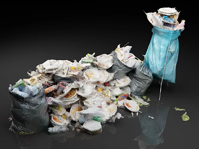 Pile of Garbage Bags Full of Food Waste Plastic and Paper Cups 3d model