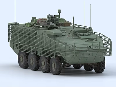 Military Green Wheeled Armored Vehicle With Protective Grille Antennas And Weapon System 3d model