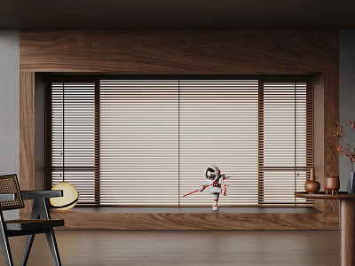 Modern Interior Design With Wooden Slatted Window Blinds And Decor Elements 3d model