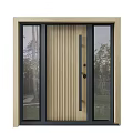 Modern Wooden Door With Vertical Stripes Black Frame And Glass Side Panels Viewing Trees Outside