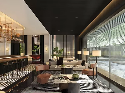 Luxury Modern Sales Office Interior With Comfortable Lounge Seating Bar Counter And Panoramic Floor Windows 3d model