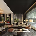Luxury Modern Sales Office Interior With Comfortable Lounge Seating Bar Counter And Panoramic Floor Windows