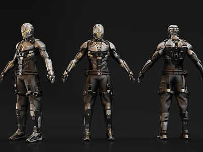 Futuristic Game Movie Character in Armored Suit with Three Angles Front Side Back Views 3d model