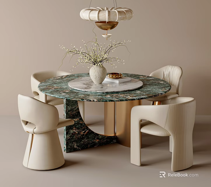 Round Dining Table and Chairs Set with Green Marble Top Cream Seats Gold Metal Base 3d model 