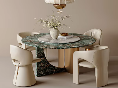 Round Dining Table and Chairs Set with Green Marble Top Cream Seats Gold Metal Base 3d model