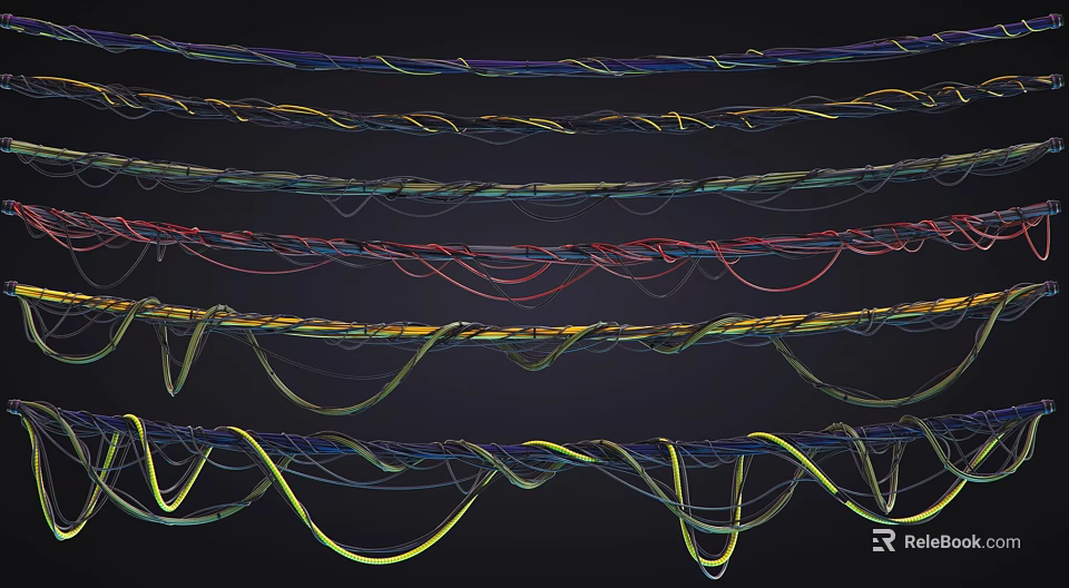Industrial Equipment Structure With Colorful Wavy Intertwined Lines On Dark Background 3d model 