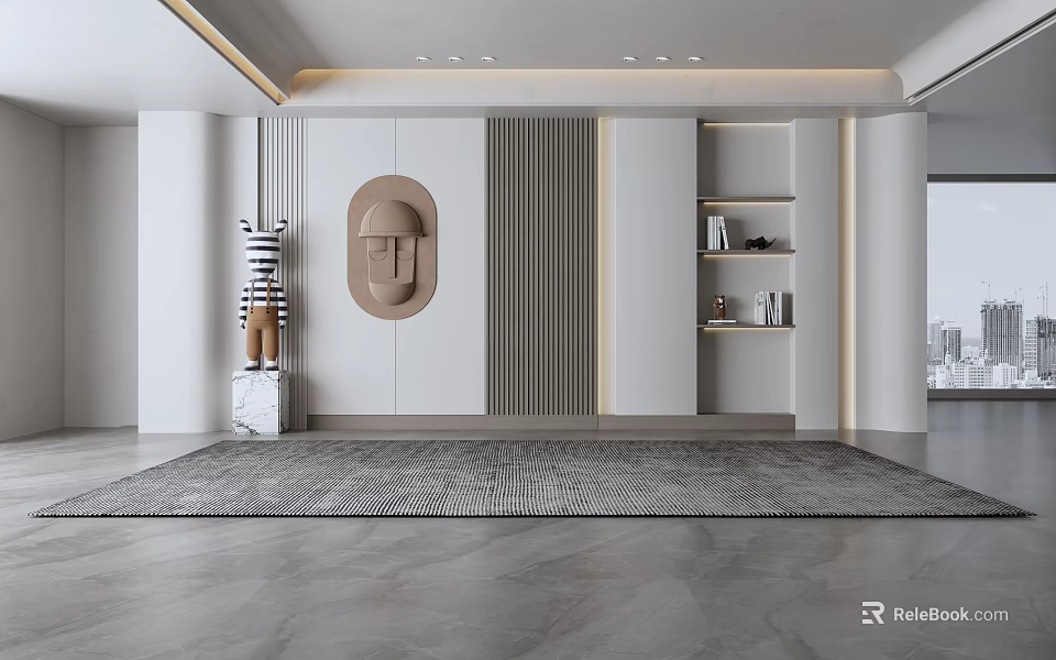 Modern Elegant White Background Wall with Decorative Art Shelves and Linear Design in Minimalist Interior 3d model 