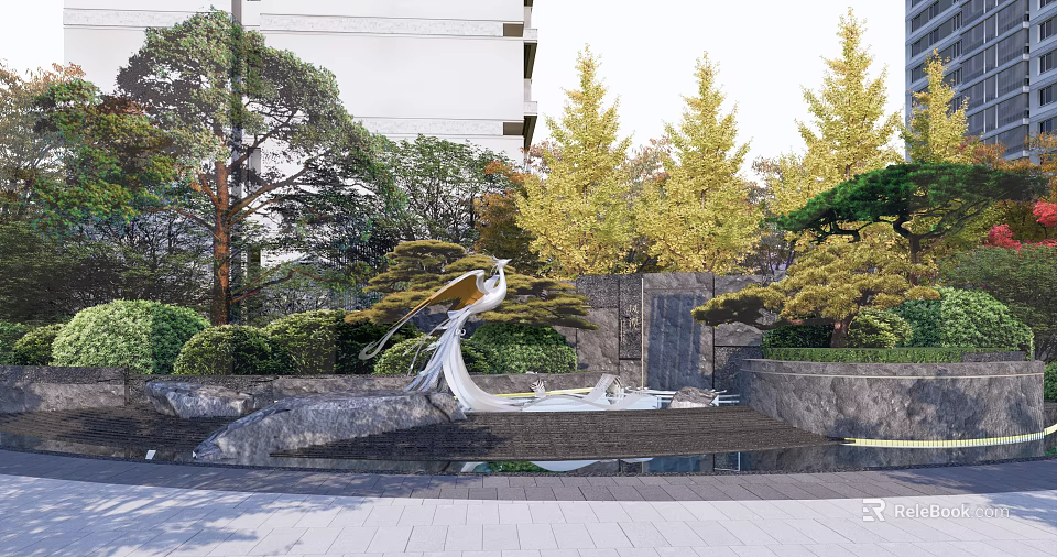 Residential Landscape With Bird Sculpture Water Feature Green Trees And Modern Building Stone Walls 3d model 