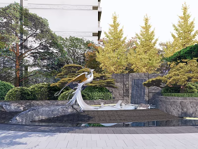 Residential Landscape With Bird Sculpture Water Feature Green Trees And Modern Building Stone Walls 3d model