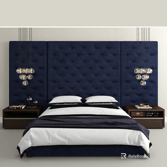 Elegant Double Bed With Navy Tufted Headboard Pendant Lights Nightstands And Bed Linens 3d model 