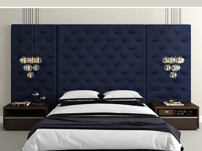 Elegant Double Bed With Navy Tufted Headboard Pendant Lights Nightstands And Bed Linens 3d model