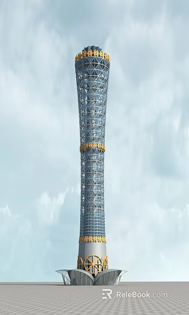 Tall Modern Tower Featuring Metal Lattice Structure And Golden Ring Detail Against Cloudy Sky 3d model 