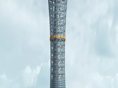 Tall Modern Tower Featuring Metal Lattice Structure And Golden Ring Detail Against Cloudy Sky 3d model