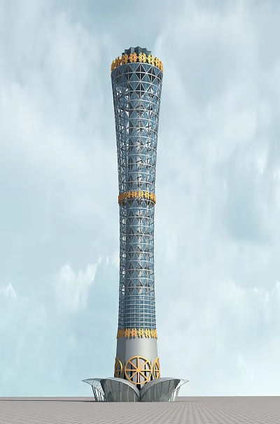 Tall Modern Tower Featuring Metal Lattice Structure And Golden Ring Detail Against Cloudy Sky 3d model
