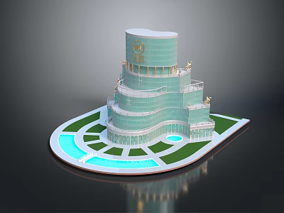 Modern Glass Tower Building With Multiple Floors Water Pool And Lawn Area 3d model
