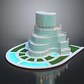 Modern Glass Tower Building With Multiple Floors Water Pool And Lawn Area