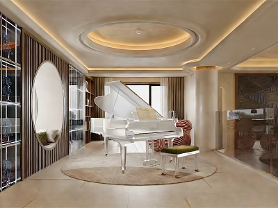 Elegant Spacious Modern Living Room With White Grand Piano And Warm Circular Ceiling Decoration 3d model